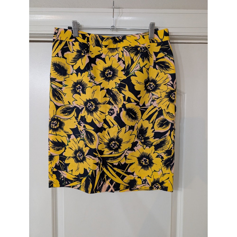 J.Crew Womens Yellow Navy Floral Cotton Pique Pencil Skirt Size 4 career office